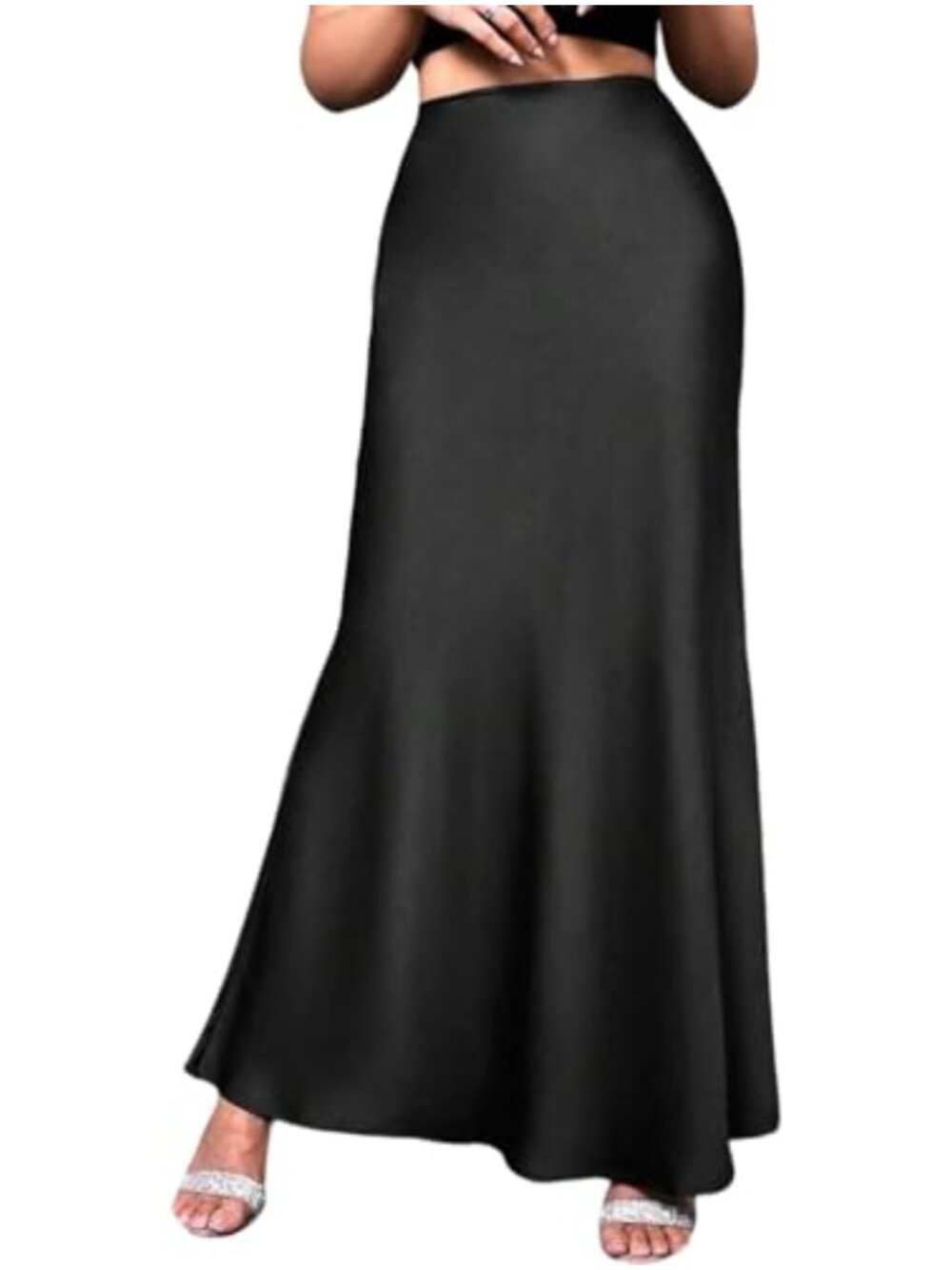 Elegant High Waist Satin Maxi Skirt Flowy Wedding Guest Midi Skirt